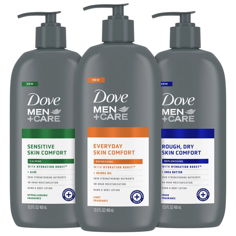 Dove Hand  Body Lotion MenCare Variety Pack  Rough Dry Skin Comfort with Shea Butter Sensitive Skin Comfort with Aloe Vera Everyday Skin Comfort with Jojoba Oil 135 Oz Ea 3 Piece Set